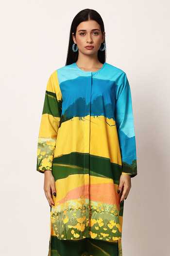 Ruhr India Multi Color Cotton Round Neck, Yes Fuji Print Kurta And Pant Set at Aza Fashions Ruhr India_Multi Color Cotton Round Neck, Yes Fuji Print Kurta And Pant Set _at_Aza_Fashions