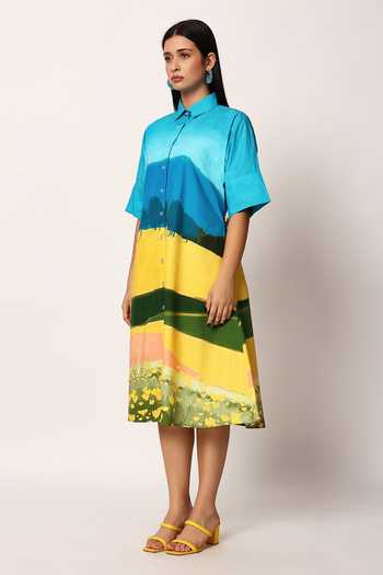 Ruhr India_Multi Color Cotton Collared , Button-down Fuji Print Shirt Dress _Online_at_Aza_Fashions