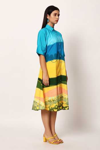 Buy_Ruhr India_Multi Color Cotton Collared , Button-down Fuji Print Shirt Dress _Online_at_Aza_Fashions