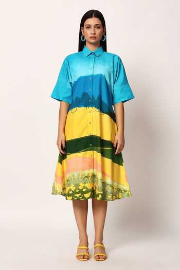 Shop_Ruhr India_Multi Color Cotton Collared , Button-down Fuji Print Shirt Dress _Online_at_Aza_Fashions