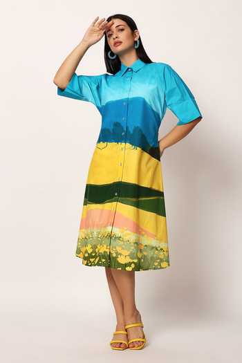 Ruhr India_Multi Color Cotton Collared , Button-down Fuji Print Shirt Dress _at_Aza_Fashions