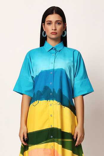 Buy_Ruhr India_Multi Color Cotton Collared , Button-down Fuji Print Shirt Dress 