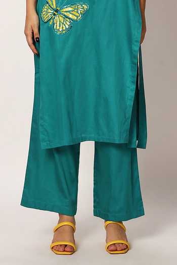 Ruhr India_Green Cotton Round Neck, Yes Butterfly Embroidered Kurta And Pant Set _Online_at_Aza_Fashions