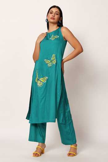 Buy_Ruhr India_Green Cotton Round Neck, Yes Butterfly Embroidered Kurta And Pant Set _Online_at_Aza_Fashions