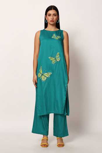 Shop_Ruhr India_Green Cotton Round Neck, Yes Butterfly Embroidered Kurta And Pant Set _Online_at_Aza_Fashions