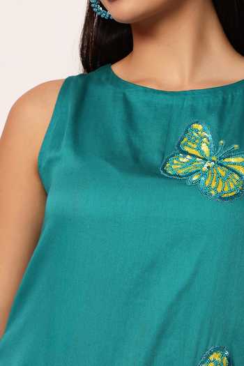 Buy_Ruhr India_Green Cotton Round Neck, Yes Butterfly Embroidered Kurta And Pant Set 