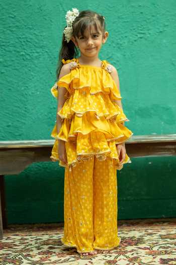 Shop_Rage Attire-Sweta Saria_Yellow Chinon Bandhani Sharara And Tiered Top Set _Online_at_Aza_Fashions