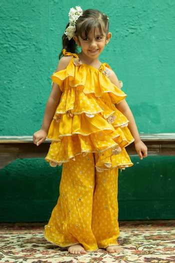 Buy_Rage Attire-Sweta Saria_Yellow Chinon Bandhani Sharara And Tiered Top Set 