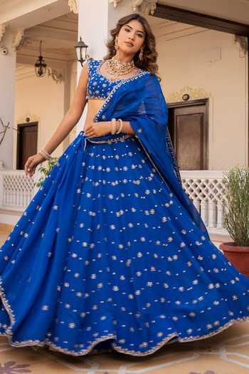 Pomcha Jaipur Mehfil Surmai Neel Zari Dabka Work Lehenga Set 