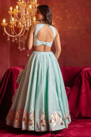 Pomcha Jaipur Blue Organza Round Neck Gota Patti Hand-work Lehenga Set Online at Aza Fashions Pomcha Jaipur_Blue Organza Round Neck Gota Patti Hand-work Lehenga Set _Online_at_Aza_Fashions