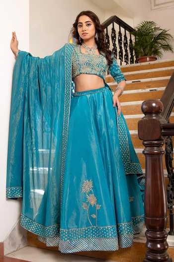 Pomcha Jaipur Mehfil Firozi Mehar Tube Light Work Lehenga Set 