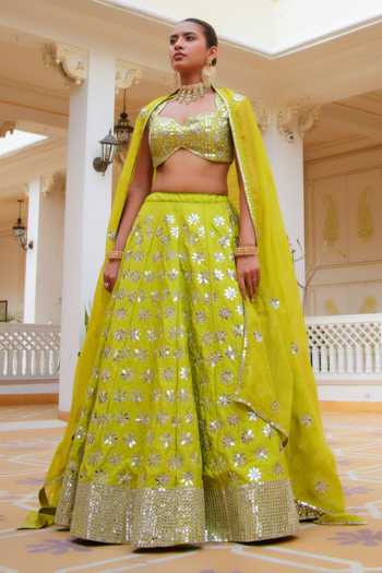 Pomcha Jaipur Mehfil Hariyali Shisha Hand Work Lehenga Set 