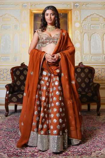 Pomcha Jaipur Mehfil Sunehri Shisha Hand Work Lehenga Set 