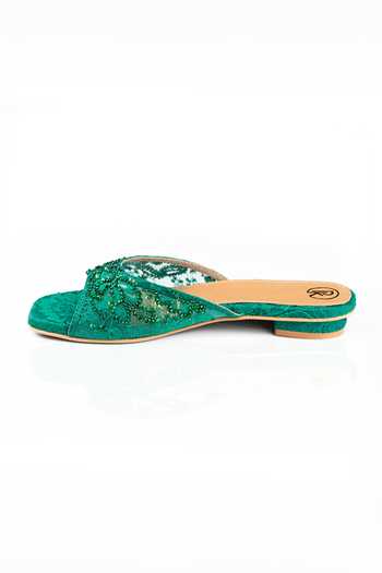 PREET KAUR_Emerald Green Embroidered Flats _Online_at_Aza_Fashions