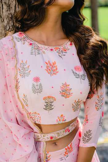 Shop Redpine Designs Pink Viscose, Georgette, Crepe Embroidery And Floral Print Lehenga Set For Kids Online at Aza Fashions Shop_Redpine Designs_Pink Viscose, Georgette, Crepe Embroidery And Floral Print Lehenga Set For Kids_Online_at_Aza_Fashions