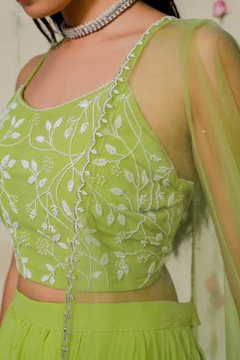 Redpine Designs_Green Georgette, Net Metallic Thread, Embroidery Hand Sharara Set For Kids_Online_at_Aza_Fashions