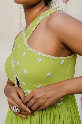 Buy_Redpine Designs_Green Georgette Sequins Halter Neck Hand Embroidered Jumpsuit For Kids_Online_at_Aza_Fashions