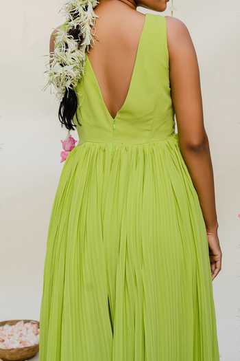 Redpine Designs Green Halter Neck Hand Embroidered Jumpsuit For Kids