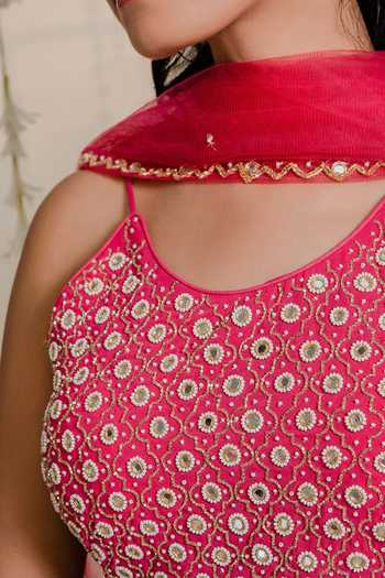 Redpine Designs Fuchsia Georgette, Net Mirrors, Cut Work, Pearls Hand Embroidered Lehenga Set For Kids Online at Aza Fashions Redpine Designs_Fuchsia Georgette, Net Mirrors, Cut Work, Pearls Hand Embroidered Lehenga Set For Kids_Online_at_Aza_Fashions