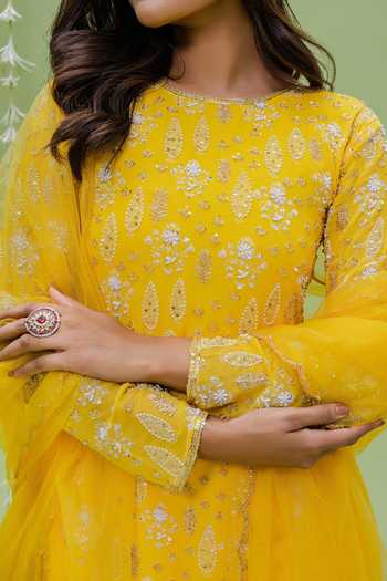 Redpine Designs Yellow Viscose, Georgette, Net Cut Work, Sequins Floral Print Kurta Sharara Set For Kids Online at Aza Fashions Redpine Designs_Yellow Viscose, Georgette, Net Cut Work, Sequins Floral Print Kurta Sharara Set For Kids_Online_at_Aza_Fashions