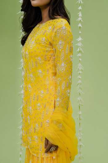Buy Redpine Designs Yellow Viscose, Georgette, Net Cut Work, Sequins Floral Print Kurta Sharara Set For Kids Online at Aza Fashions Buy_Redpine Designs_Yellow Viscose, Georgette, Net Cut Work, Sequins Floral Print Kurta Sharara Set For Kids_Online_at_Aza_Fashions