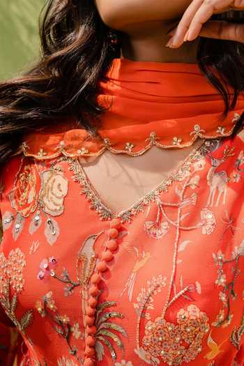 Redpine Designs_Orange Viscose, Georgette Cut Work, Sequins Floral Hand Embroidered Anarkali Set For Kids_Online_at_Aza_Fashions