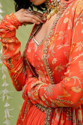 Buy_Redpine Designs_Orange Viscose, Georgette Sequins, Cut Work, Floral Print Jacket Lehenga Set For Kids_Online_at_Aza_Fashions