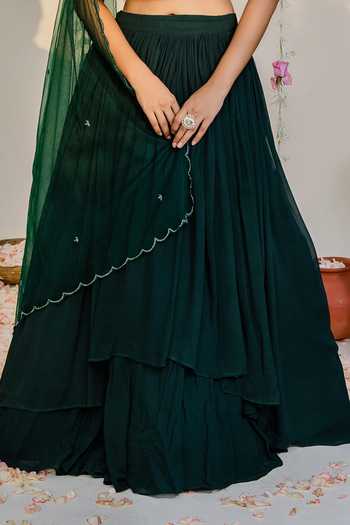Redpine Designs_Green Viscose, Georgette, Net Cut Work, Sequins, Bottle Layered Lehenga Set For Kids_Online_at_Aza_Fashions