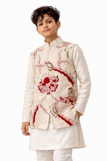 PAARSH_Beige Linen, Cotton, Silk Raktanga Embroidered Nehru Jacket And Kurta Set _Online_at_Aza_Fashions