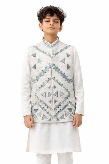 PAARSH_Blue Silk Vajra Embroidered Nehru Jacket And Kurta Set _Online_at_Aza_Fashions