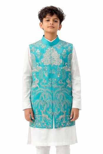 Buy PAARSH Sky Blue Organza, Chanderi Mayurvana Embroidered Nehru Jacket And Kurta Set Online at Aza Fashions Buy_PAARSH_Sky Blue Organza, Chanderi Mayurvana Embroidered Nehru Jacket And Kurta Set _Online_at_Aza_Fashions