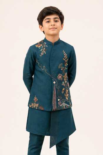 Buy PAARSH Teal Silk Viraaj Embroidered Nehru Jacket And Kurta Set Online at Aza Fashions Buy_PAARSH_Teal Silk Viraaj Embroidered Nehru Jacket And Kurta Set _Online_at_Aza_Fashions