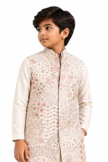 Buy_PAARSH_Beige Linen, Cotton Samriddh Embroidered Nehru Jacket And Kurta Set _Online_at_Aza_Fashions
