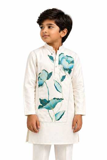 PAARSH_White Linen Padmit Hand Painted Kurta And Pant Set _Online_at_Aza_Fashions