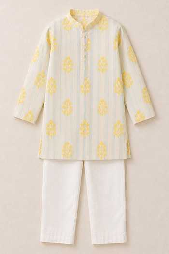 MI Dulce AN'YA_Yellow Cotton, Chanderi Printed Kurta And Pyjama Set _Online_at_Aza_Fashions