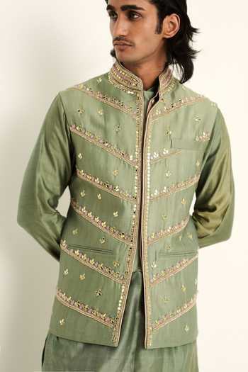 Mahima Mahajan_Green Silk, Chanderi, Satin, Linen Emmad Hand Embroidered Bundi And Kurta Set _Online_at_Aza_Fashions