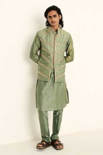 Buy_Mahima Mahajan_Green Silk, Chanderi, Satin, Linen Emmad Hand Embroidered Bundi And Kurta Set _Online_at_Aza_Fashions