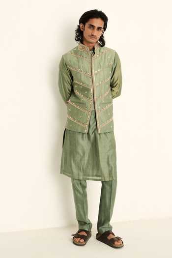 Shop_Mahima Mahajan_Green Silk, Chanderi, Satin, Linen Emmad Hand Embroidered Bundi And Kurta Set _Online_at_Aza_Fashions