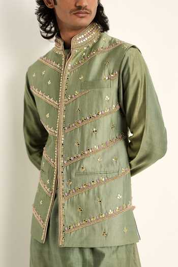 Mahima Mahajan_Green Silk, Chanderi, Satin, Linen Emmad Hand Embroidered Bundi And Kurta Set _at_Aza_Fashions