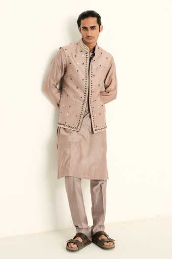 Mahima Mahajan Grey Silk, Chanderi, Satin, Linen Embroidery, Ahad Hand Bundi And Kurta Set Online at Aza Fashions Mahima Mahajan_Grey Silk, Chanderi, Satin, Linen Embroidery, Ahad Hand Bundi And Kurta Set _Online_at_Aza_Fashions
