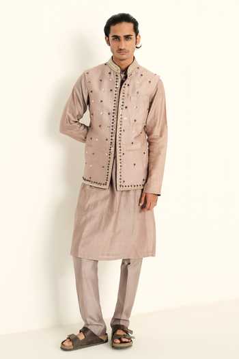 Shop Mahima Mahajan Grey Silk, Chanderi, Satin, Linen Embroidery, Ahad Hand Bundi And Kurta Set Online at Aza Fashions Shop_Mahima Mahajan_Grey Silk, Chanderi, Satin, Linen Embroidery, Ahad Hand Bundi And Kurta Set _Online_at_Aza_Fashions