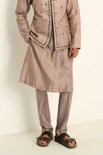 Mahima Mahajan Grey Silk, Chanderi, Satin, Linen Embroidery, Ahad Hand Bundi And Kurta Set at Aza Fashions Mahima Mahajan_Grey Silk, Chanderi, Satin, Linen Embroidery, Ahad Hand Bundi And Kurta Set _at_Aza_Fashions