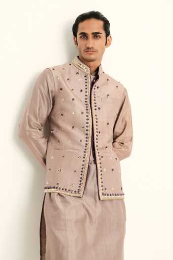 Buy Mahima Mahajan Grey Silk, Chanderi, Satin, Linen Embroidery, Ahad Hand Bundi And Kurta Set Buy_Mahima Mahajan_Grey Silk, Chanderi, Satin, Linen Embroidery, Ahad Hand Bundi And Kurta Set