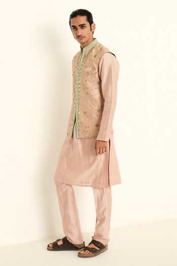 Mahima Mahajan_Blush Silk, Chanderi, Satin, Linen Embroidery Ameer Hand Bundi And Kurta Set _Online_at_Aza_Fashions