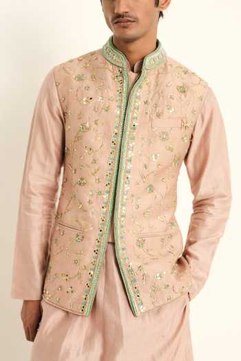 Buy_Mahima Mahajan_Blush Silk, Chanderi, Satin, Linen Embroidery Ameer Hand Bundi And Kurta Set _Online_at_Aza_Fashions