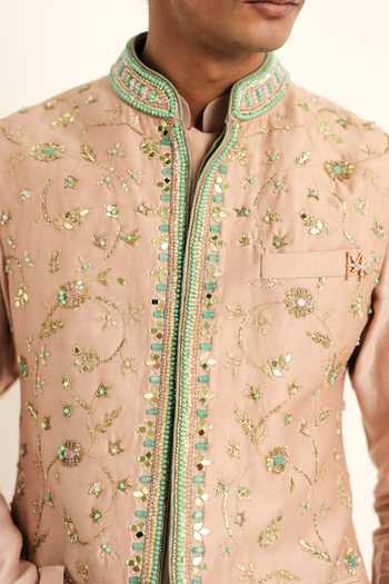 Shop_Mahima Mahajan_Blush Silk, Chanderi, Satin, Linen Embroidery Ameer Hand Bundi And Kurta Set _Online_at_Aza_Fashions