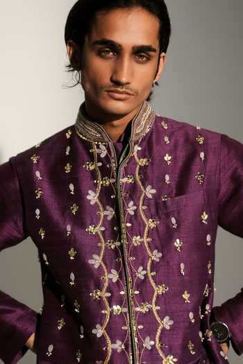 Mahima Mahajan_Purple Silk, Chanderi, Satin, Linen Embroidery, Daanish Hand Bundi And Kurta Set _Online_at_Aza_Fashions