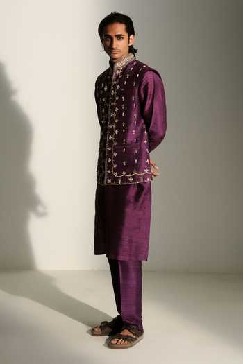 Buy_Mahima Mahajan_Purple Silk, Chanderi, Satin, Linen Embroidery, Daanish Hand Bundi And Kurta Set _Online_at_Aza_Fashions