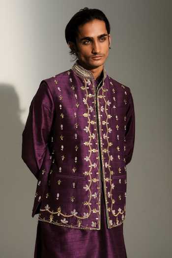 Shop_Mahima Mahajan_Purple Silk, Chanderi, Satin, Linen Embroidery, Daanish Hand Bundi And Kurta Set _Online_at_Aza_Fashions