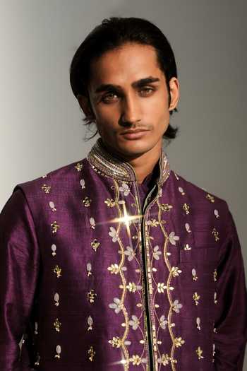 Mahima Mahajan_Purple Silk, Chanderi, Satin, Linen Embroidery, Daanish Hand Bundi And Kurta Set _at_Aza_Fashions